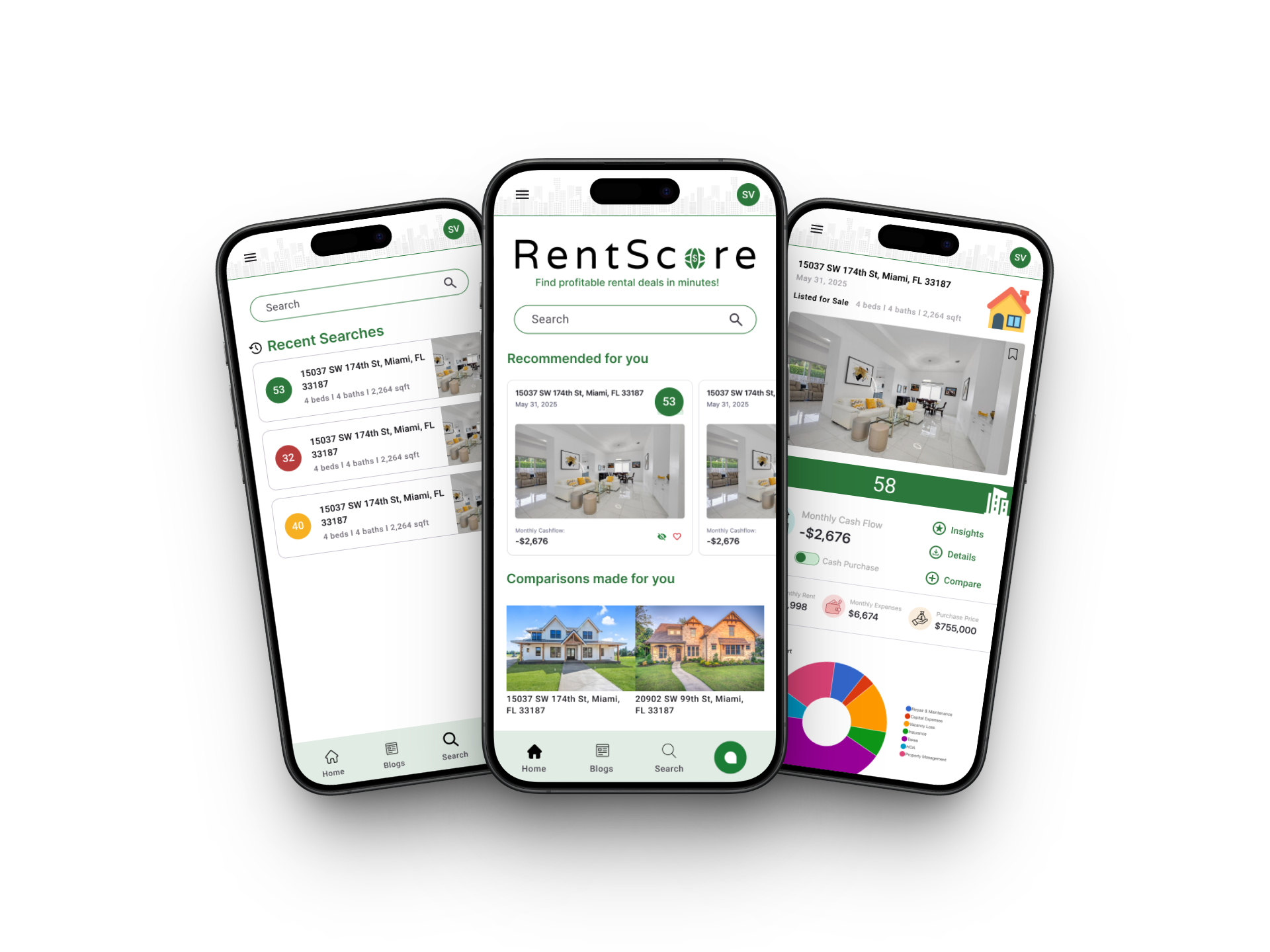 RentScore mobile app preview showing property analysis features and rental investment calculations